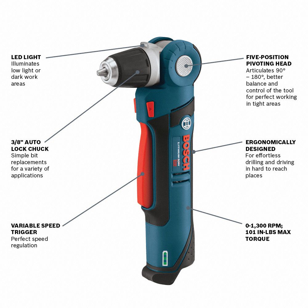 BOSCH Drill Kit 3/8 in Chuck Size, 1,300 RPM Max. Speed, 115 inlb Max