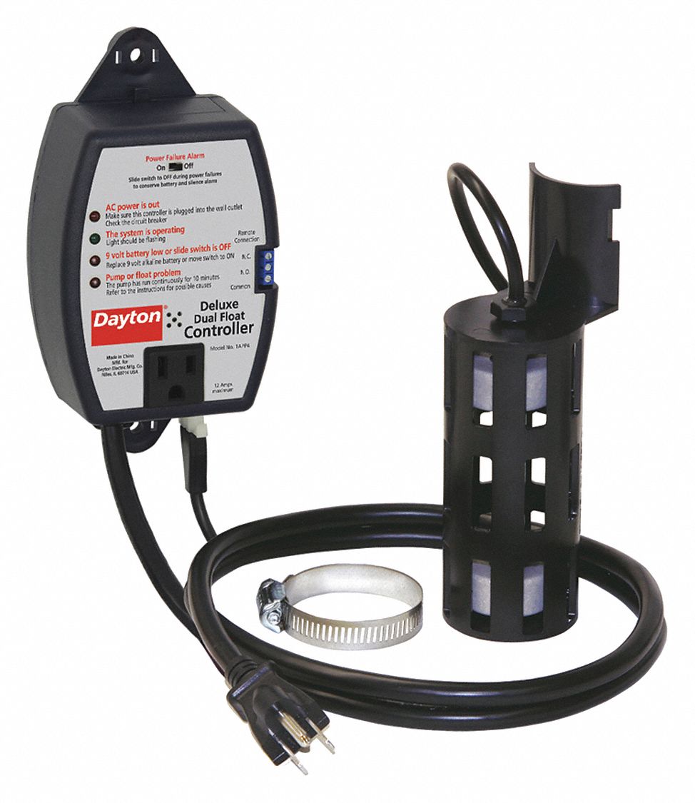 DAYTON Float Switch 110V AC, 10 ft Cord Lg, 12 A Amps, Adj, 104°F Max. Liquid Temp. 1APP4