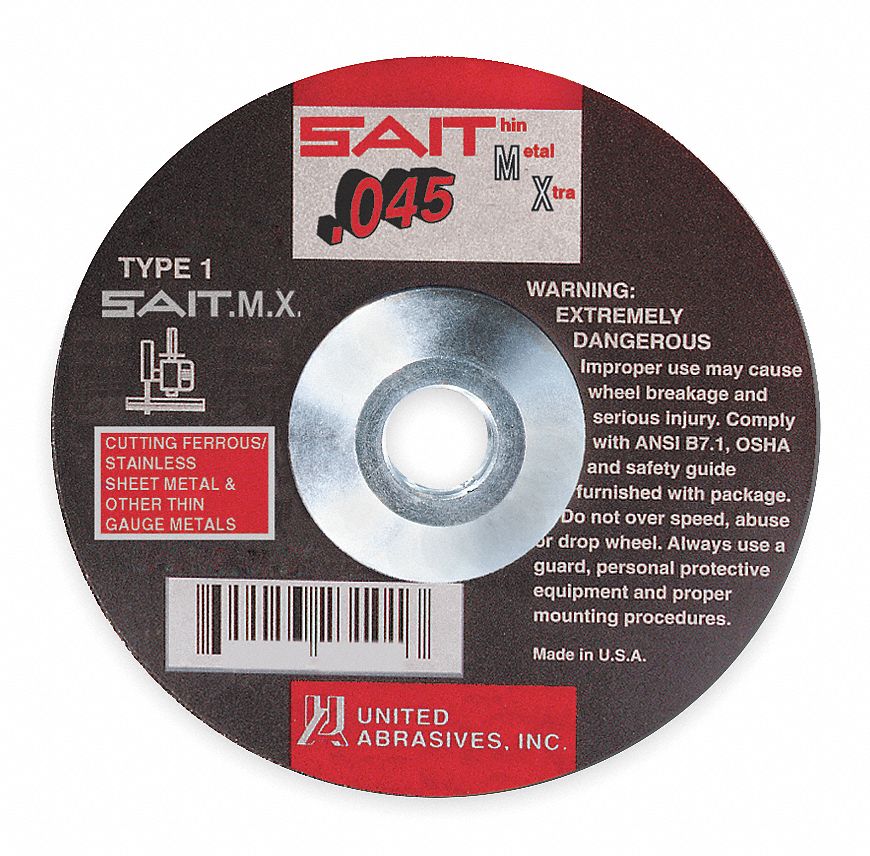 UNITED ABRASIVESSAIT 4 1/2 in, Type 1 Aluminum Oxide Abrasive CutOff Wheel, 7/8 in Arbor Hole