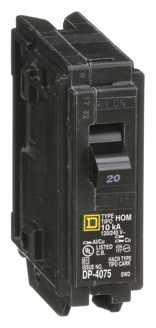 SQUARE D Miniature Circuit Breaker: 20 A, 120V AC, Single Phase, 10kA
