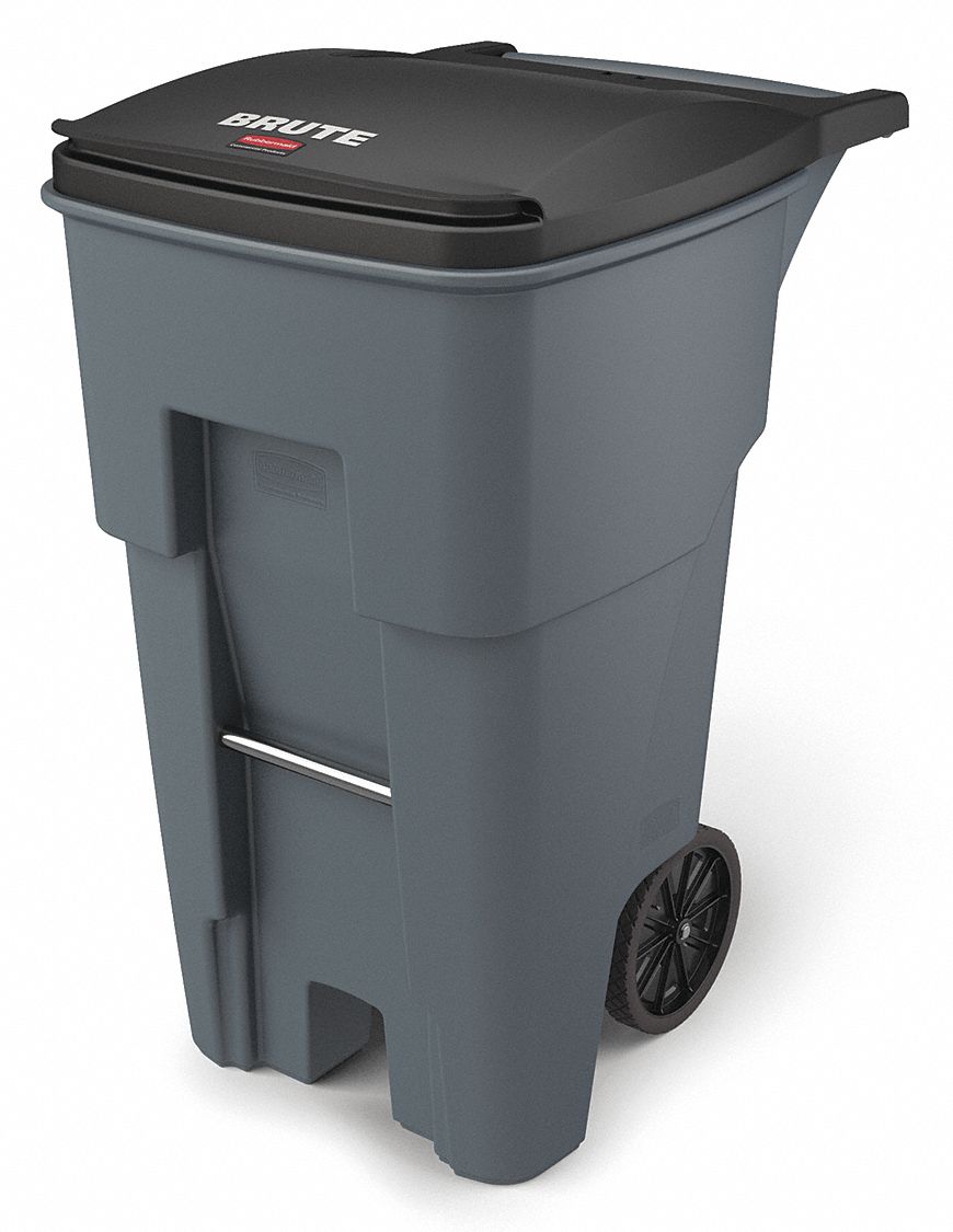 RUBBERMAID 65 gal., Rectangular, Rollout Trash Can, Plastic, Gray