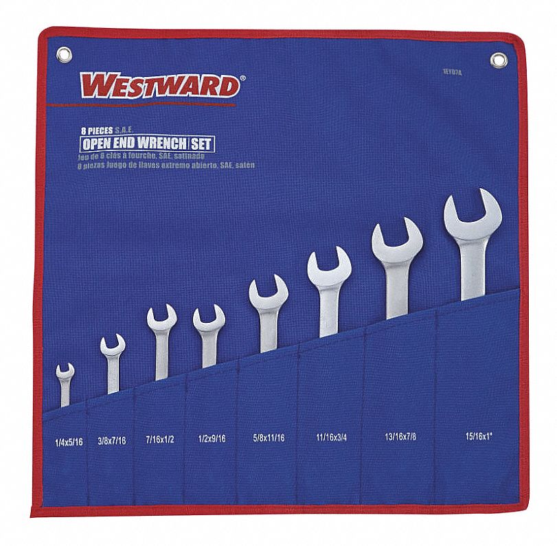 WESTWARD Open End Wrench Set Alloy Steel, Satin, 8 Tools, 1/4 in to 1