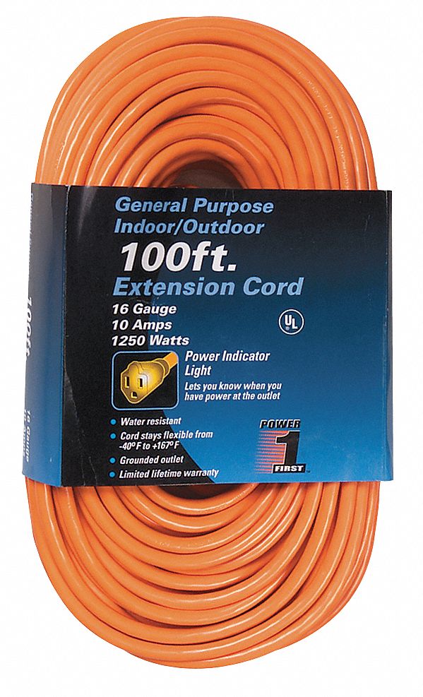 POWER FIRST Lighted Extension Cord, Outdoor, 10.0 A, 125V AC, Number of