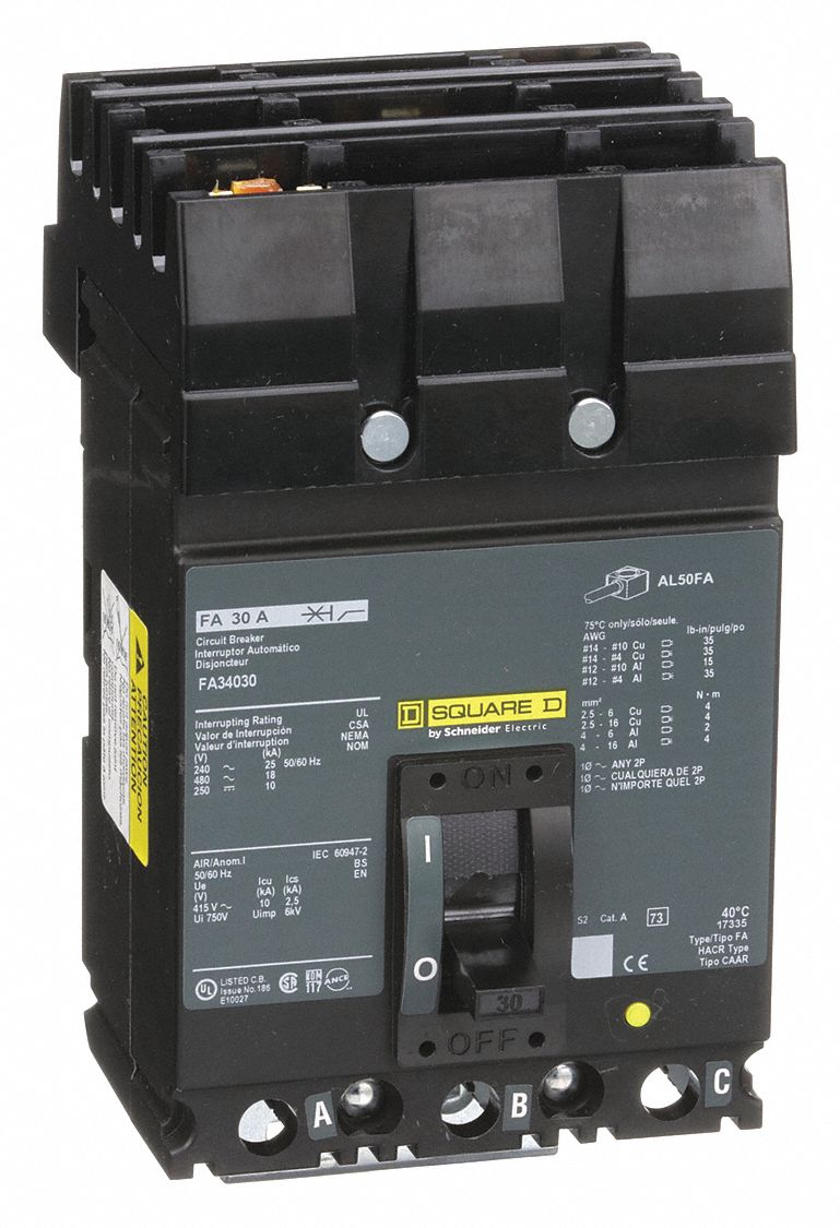 Circuit Breaker, 30 Amps, Number of Poles 3, Series FA, For Use With I