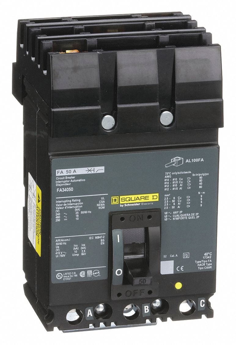 Circuit Breaker, 50 Amps, Number of Poles 3, Series FA, For Use With I