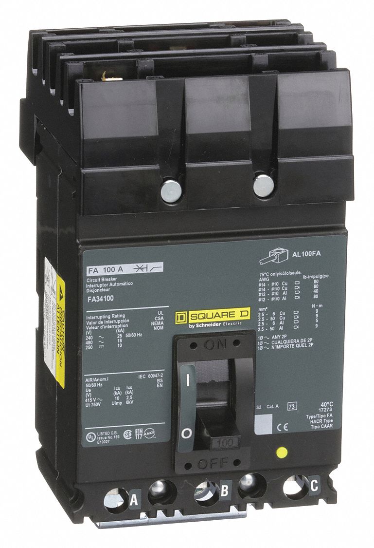 Circuit Breaker, 100 Amps, Number of Poles 3, Series FA, For Use With I