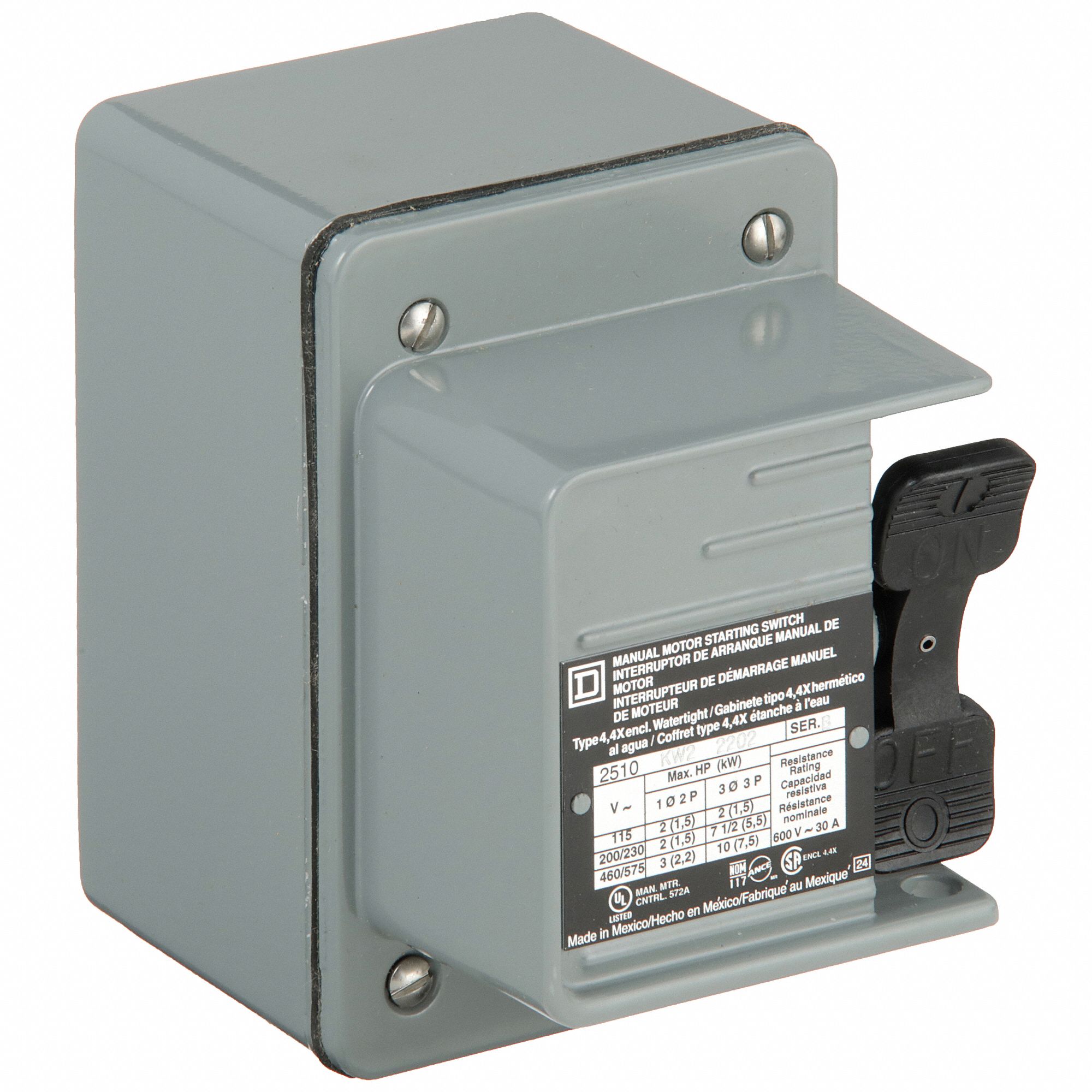 SQUARE D MANUAL MOTOR SWITCH, 3 POLES, 30 A, 4 NEMA RATING, PAINTED