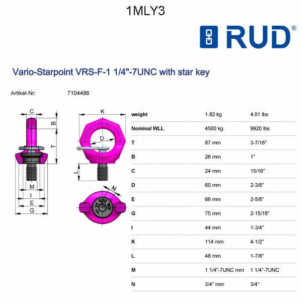 RUD CHAIN Hoist Ring ScrewOn Mounting, VRS, 0° Pivot, 360° Swivel