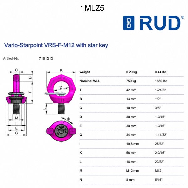 RUD CHAIN ScrewOn Hoist Ring, M12 x 1.75 Thread Size, 1,650 lb Working