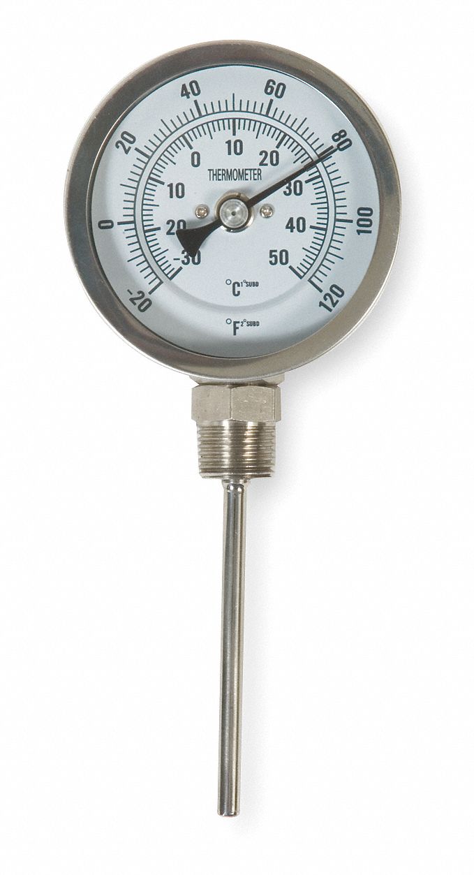 GRAINGER APPROVED Dial Thermometer, 20° to 120°F/30° to 50°C, Stem