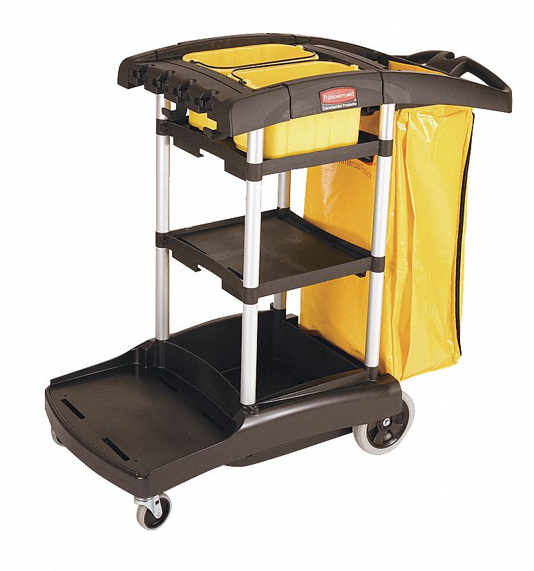 RUBBERMAID COMMERCIAL PRODUCTS Janitor Cart Shelf Count 3, Black, 34