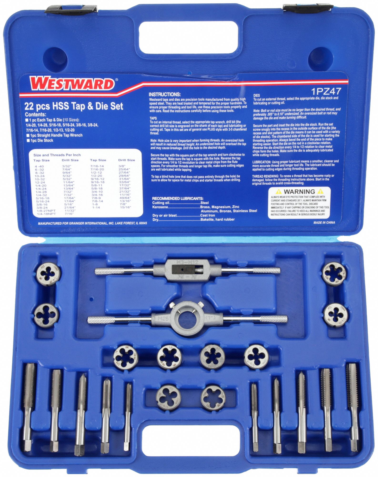 WESTWARD, 22 Pieces, 1/4"20 Min. Tap Thread Size, Tap and Die Set