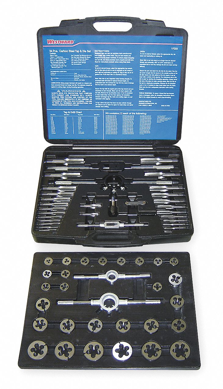 WESTWARD Tap and Die Set 64 Pieces, 440 Min. Tap Thread Size, 1" Max