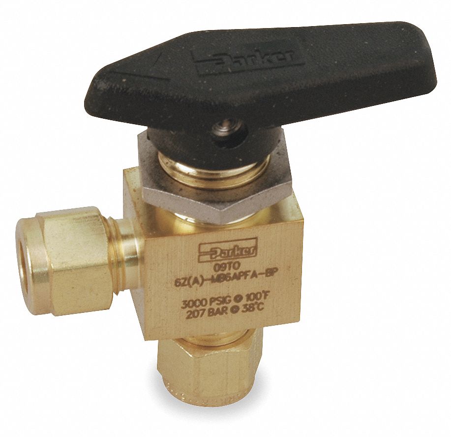 PARKER Mini Ball Valve, Brass, Angle, 1Piece, Tube Size 1/4 in, Connection Type Comp. x Comp