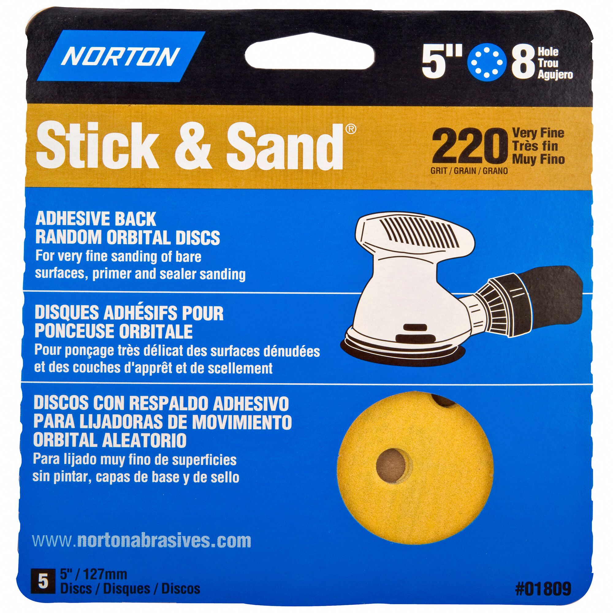 NORTON 5 in PSA Sanding Disc, 220 Grit, Very Fine, Coated, 8 Hole