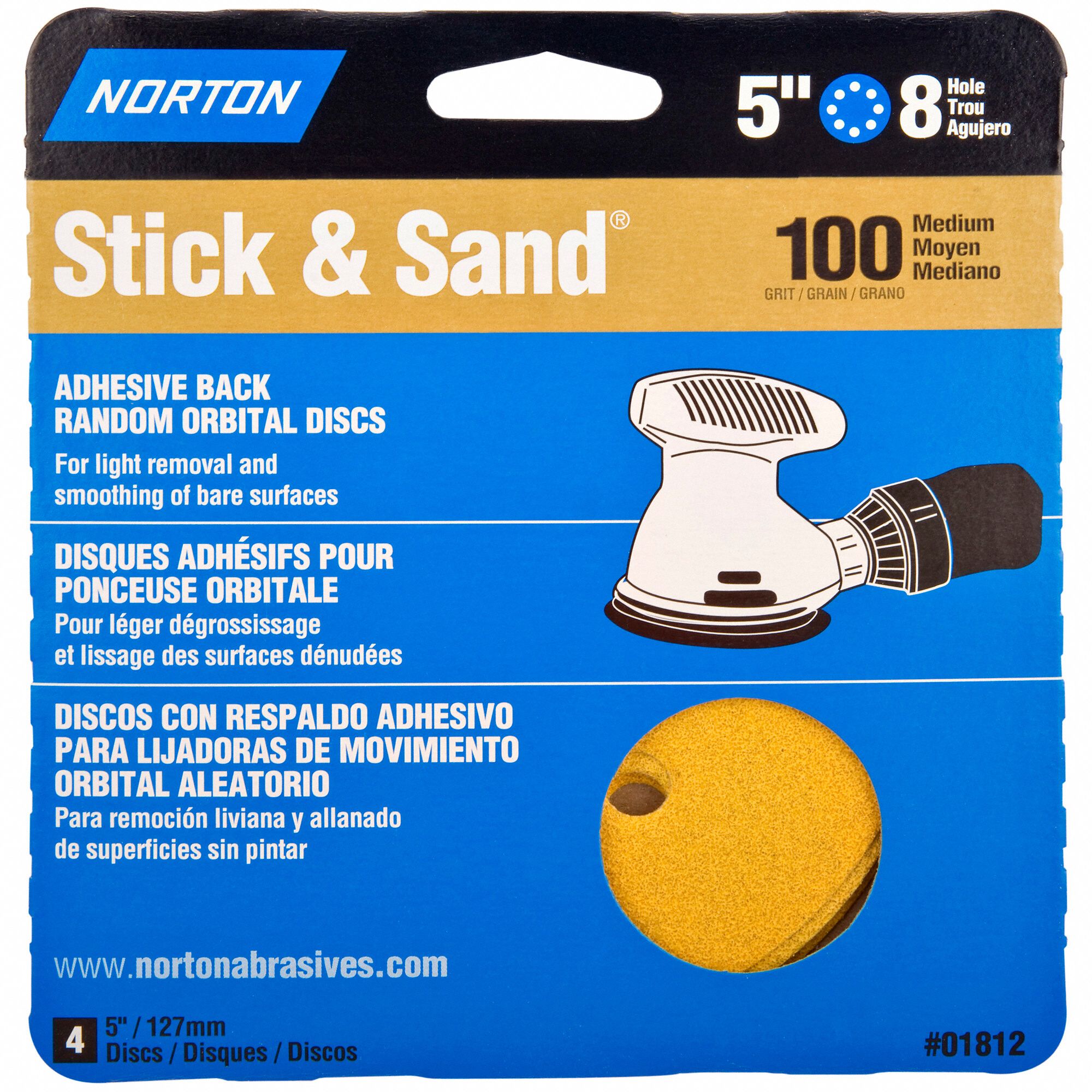 NORTON 5 in PSA Sanding Disc, 100 Grit, Fine, Coated, 8 Hole, Aluminum