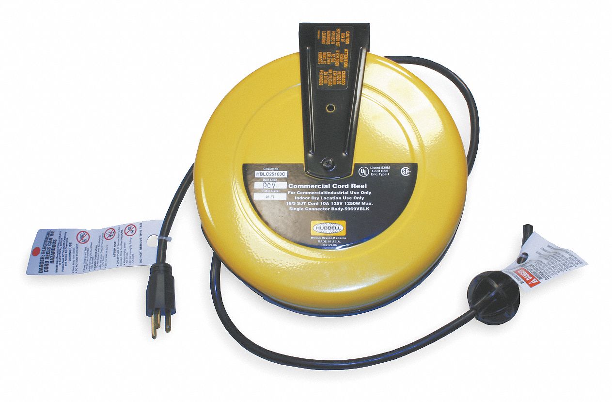 HUBBELL WIRING DEVICEKELLEMS Retractable Cord Reel, 120V AC, Flying Lead, 25 ft, Yellow Reel