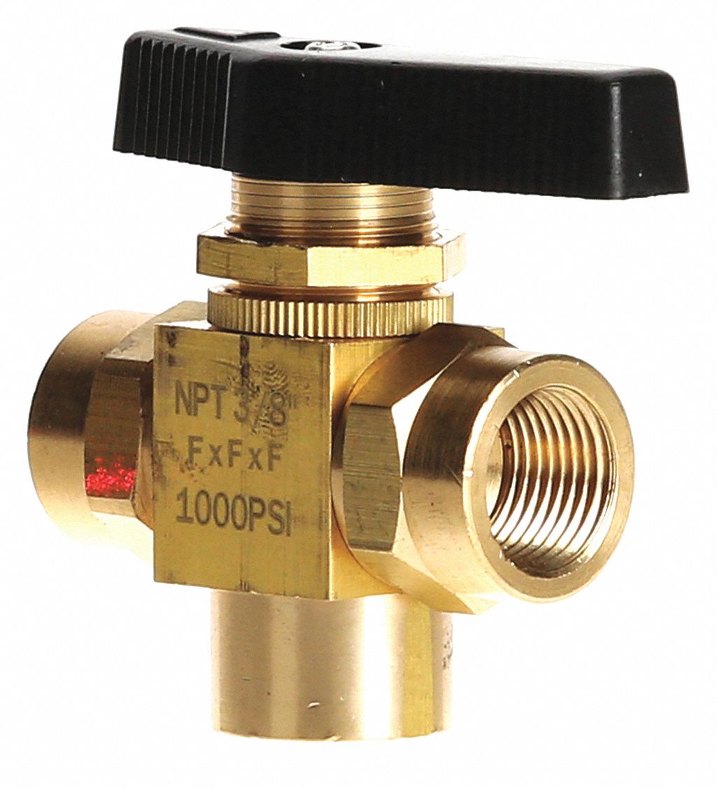 Ball Valve, Brass, 3Way, 2Piece, Pipe Size 3/8 in, Connection Type
