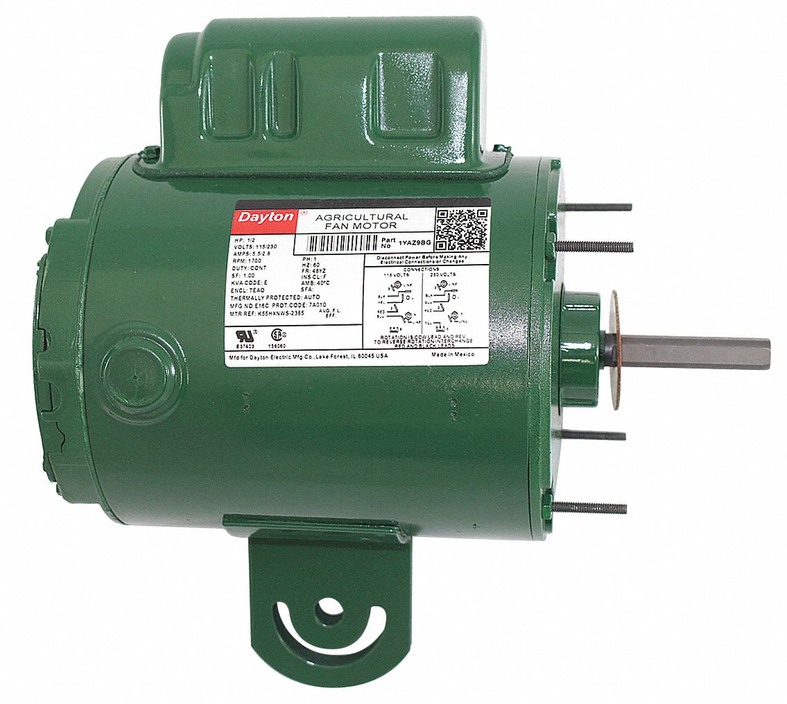DAYTON Agricultural Fan Motor, 1/2 HP, Permanent Split Capacitor