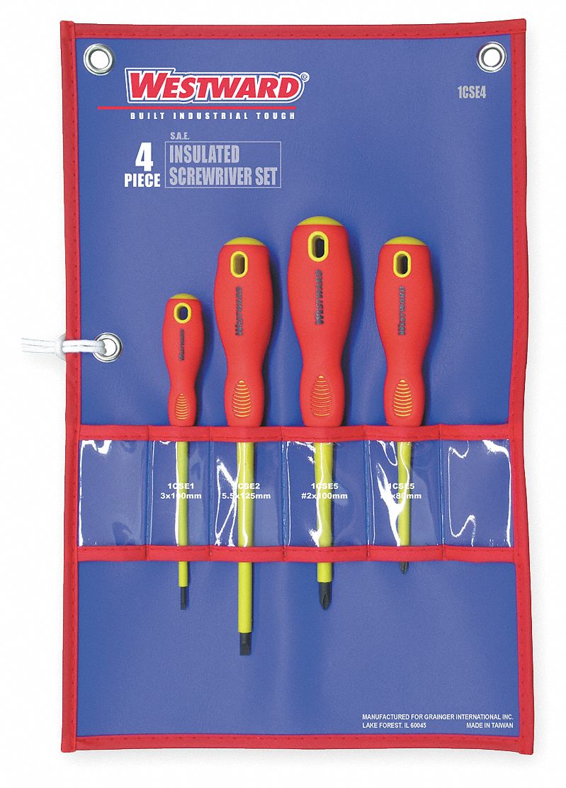 WESTWARD Insulated Screwdriver Set, 1/8 in, 7/32 in, 1, 2, Assorted