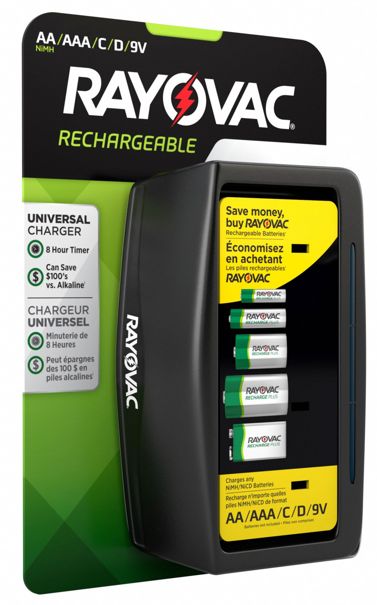 RAYOVAC Battery Charger NickelMetal Hydride, AA/9V/D/C/AAA, 8 hr, AC Adapter and Cord 20HL21