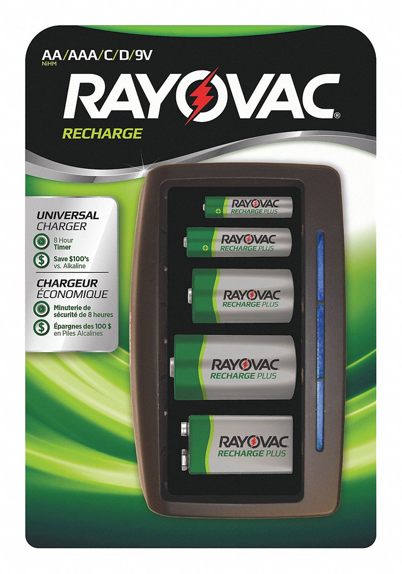 RAYOVAC Battery Charger, AAA,AA,C,D,9V Batteries 20HL21PS203 GEND Grainger