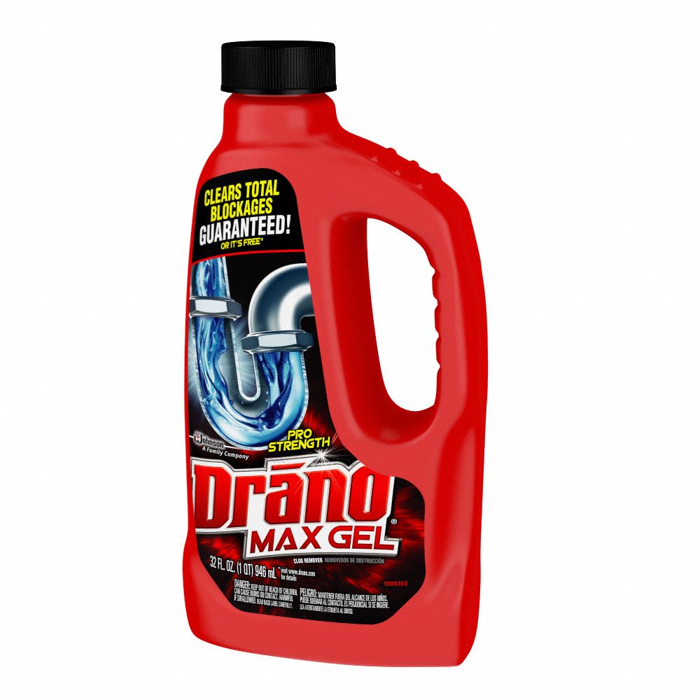 DRANO Drain Opener, 32 oz Jug, Unscented Gel, Ready to Use, 12 PK