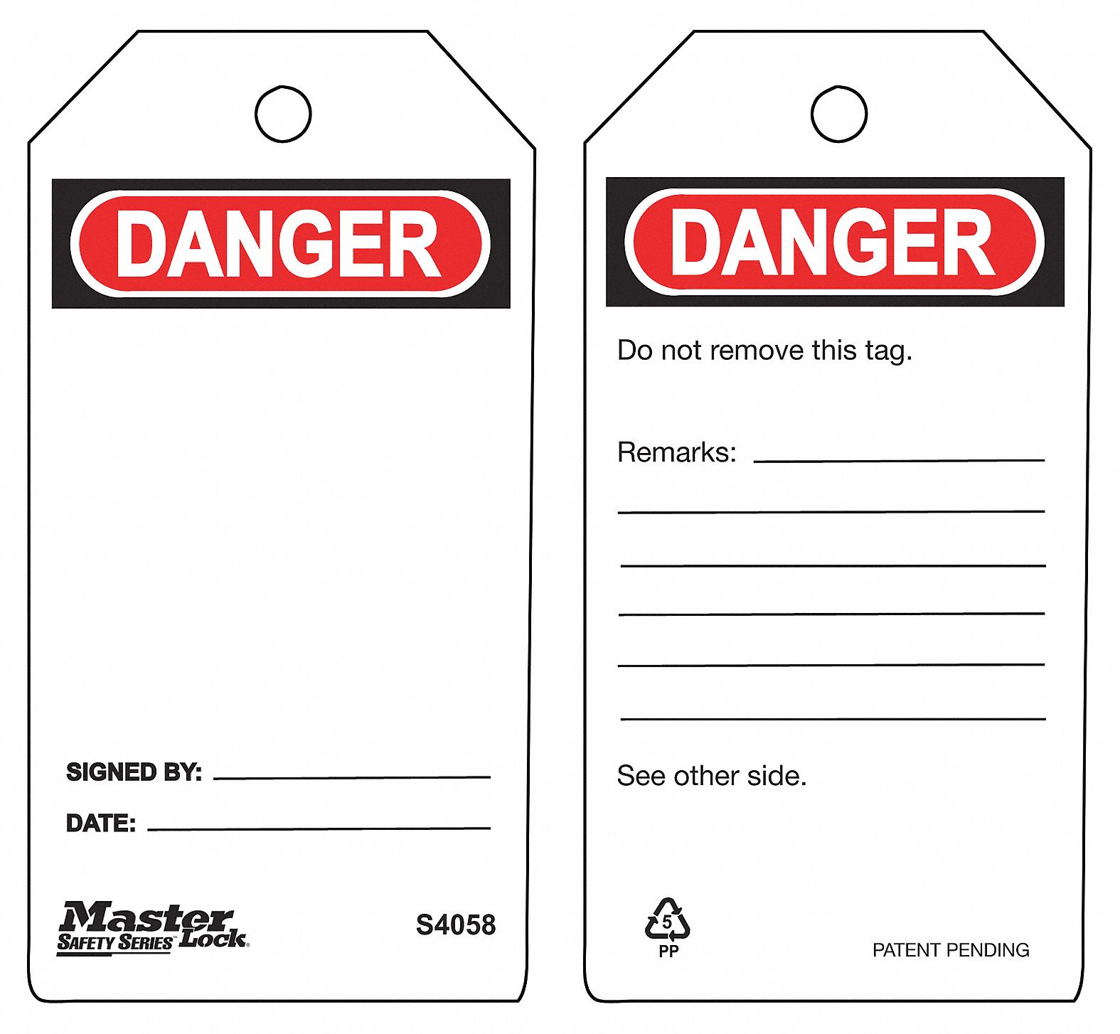 Danger Tag, Polypropylene, Height 53/4", Width 3", White, PK 6 Grainger
