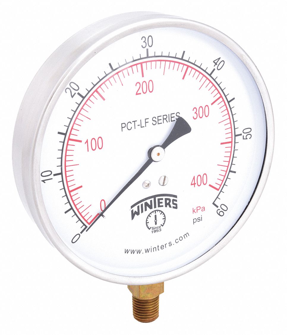 WINTERS Gauge, Pressure, 0 to 60 psi, 41/2 in. 20JN16PCT322LF