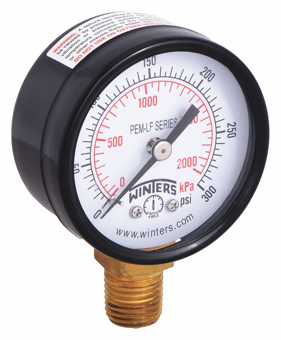 WINTERS Pressure Gauge, 0 to 300 psi Range, 1/4" NPT, ±323 Gauge