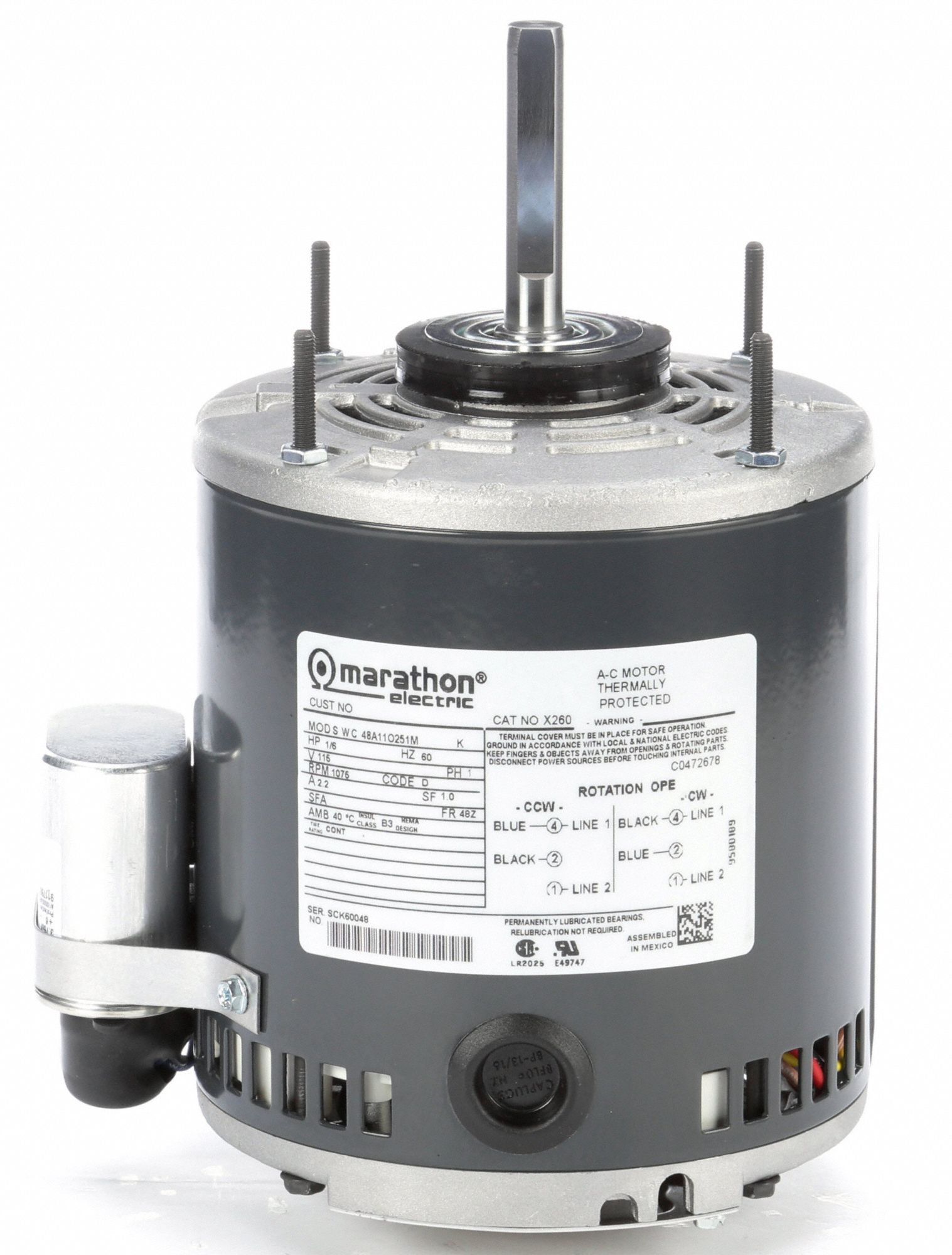 MARATHON MOTORS Direct Drive Motor Greenheck OEM Repl, 1/6 HP, 1,075