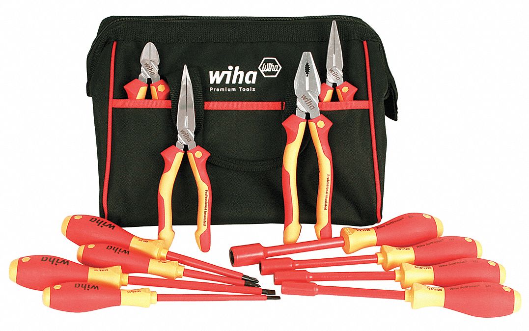 WIHA TOOLS Insulated Tool Kit 12 Pieces, Nut Drivers and Nutsetters/Pliers/Screwdrivers, Bag