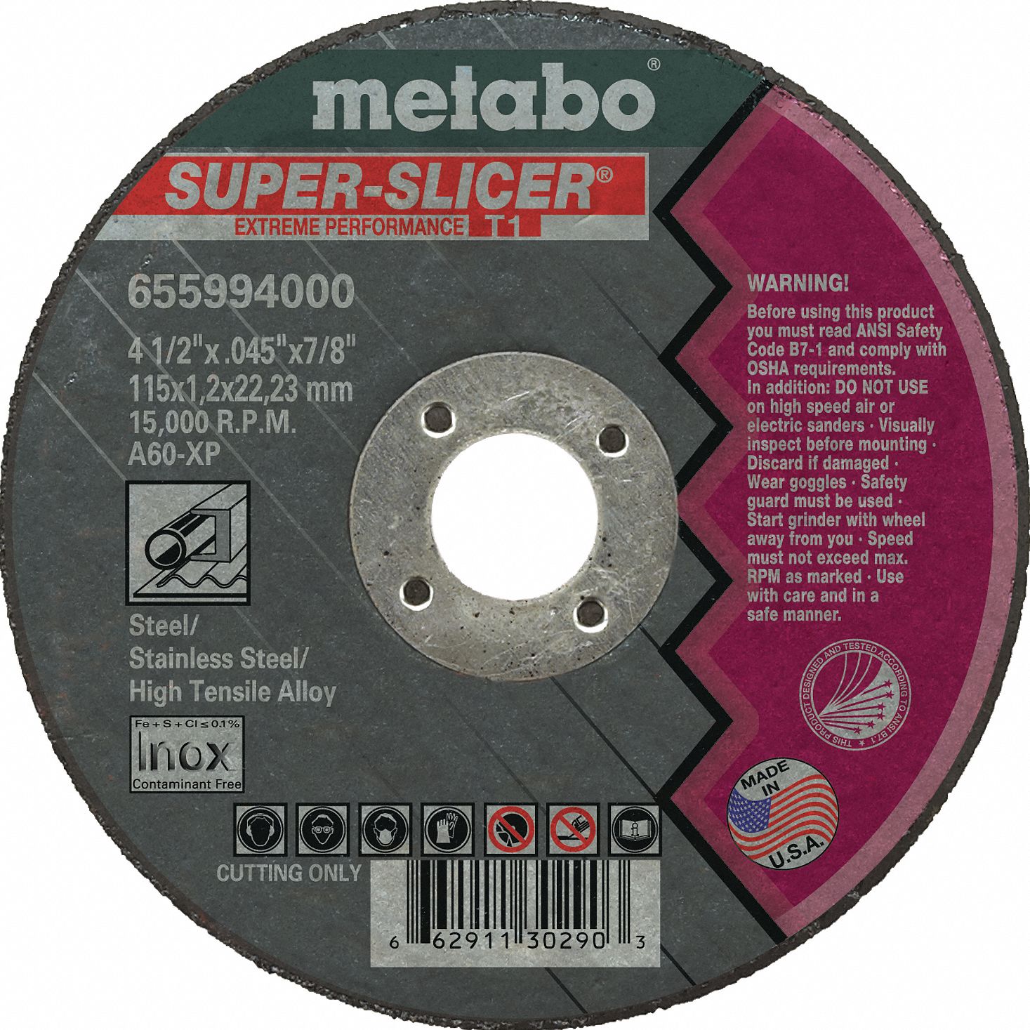 METABO 4 1/2 in, Type 1 Aluminum Oxide Abrasive CutOff Wheel, 7/8" Arbor Hole Size, 0.045