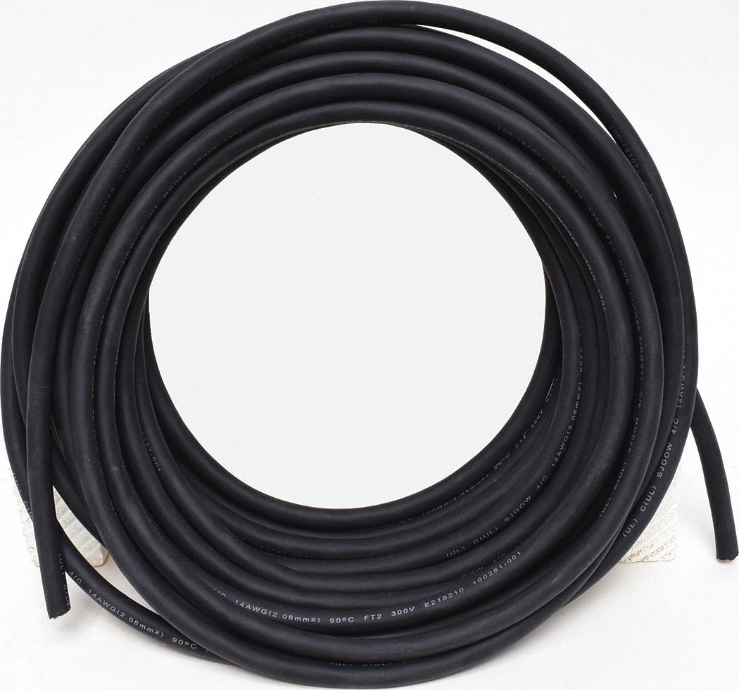 GRAINGER APPROVED Portable Cord 4 Conductors, 14 AWG Wire Size, Rubber, Black, 50 ft Lg