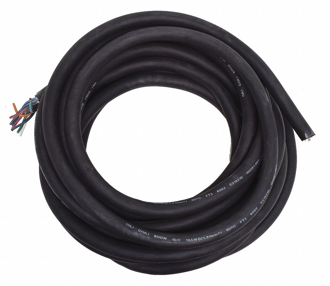GRAINGER APPROVED Portable Cord, Number of Conductors 10, 16 AWG, SOOW, 25 ft, Black 20PX95