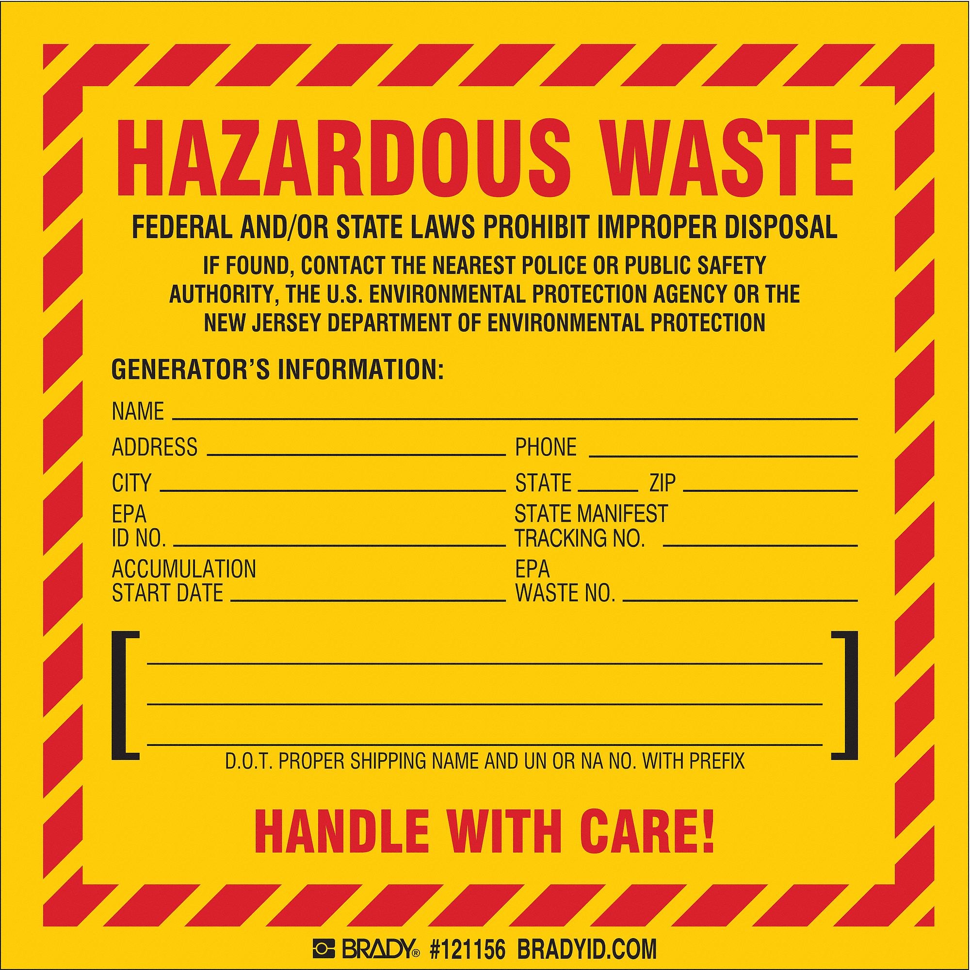BRADY Vinyl Hazardous Waste Label (New Jersey Specific), 6" Height, 6