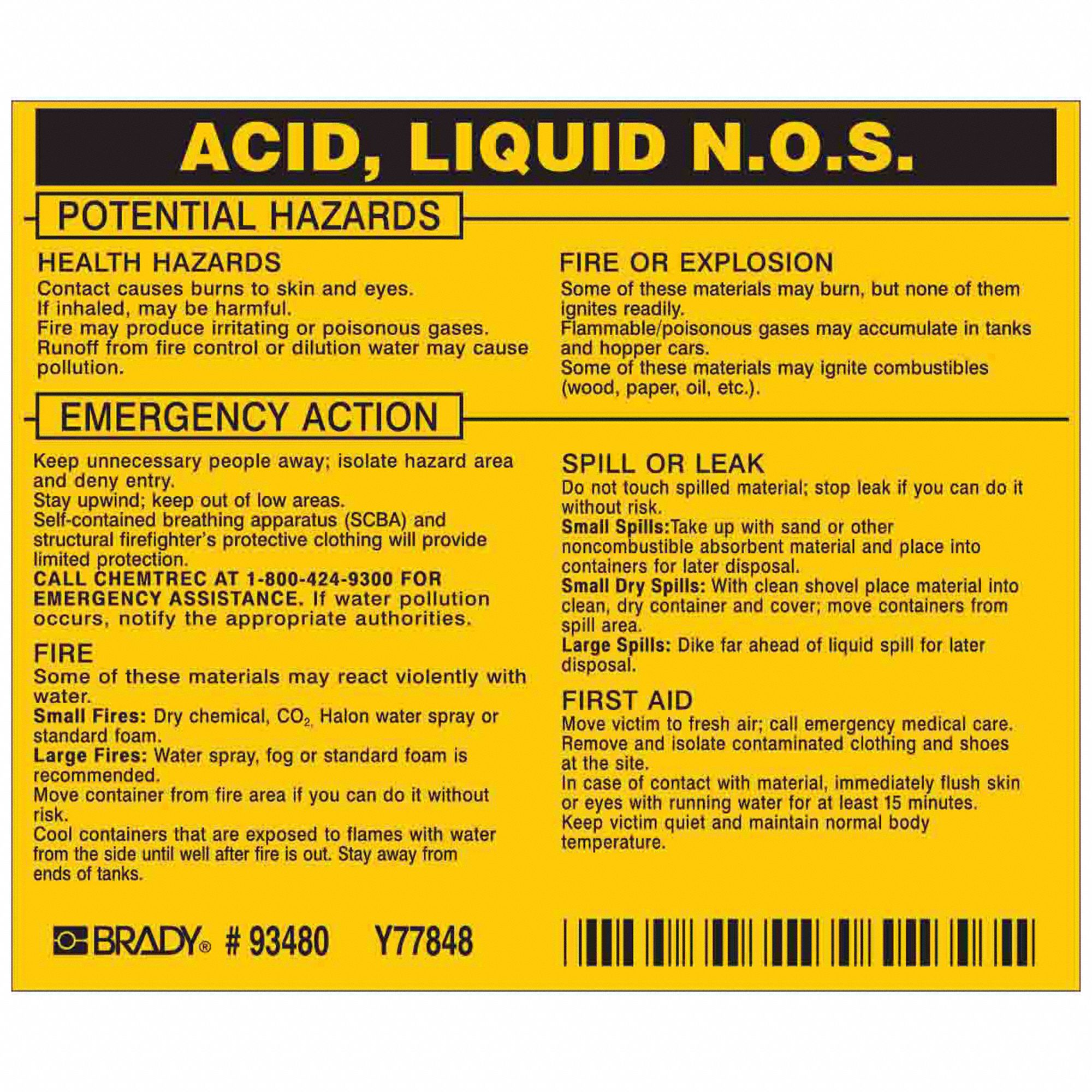 Acid, Liquid N.O.S., 3 3/4 in Ht, Label 20TH5993480 Grainger