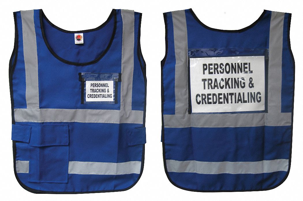 DISASTER MANAGEMENT SYSTEMS SAFETY VEST, ANSI CLASS 2, BLUE, NYLON, LEGEND INSERT, UNIVERSAL