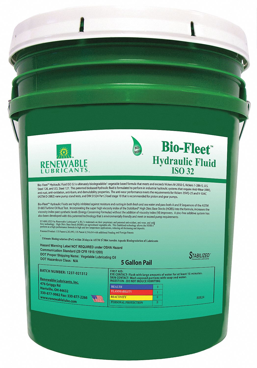 RENEWABLE LUBRICANTS Vegetable Oil Hydraulic Oil, 5 gal Pail, ISO Viscosity Grade 32 21A467