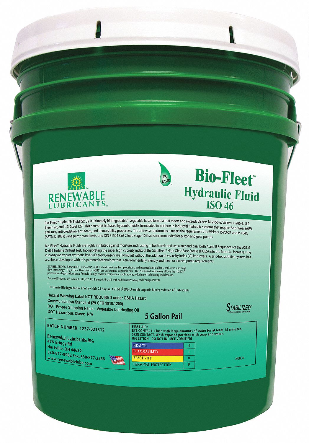 RENEWABLE LUBRICANTS Vegetable Oil Hydraulic Oil, 5 gal Pail, ISO