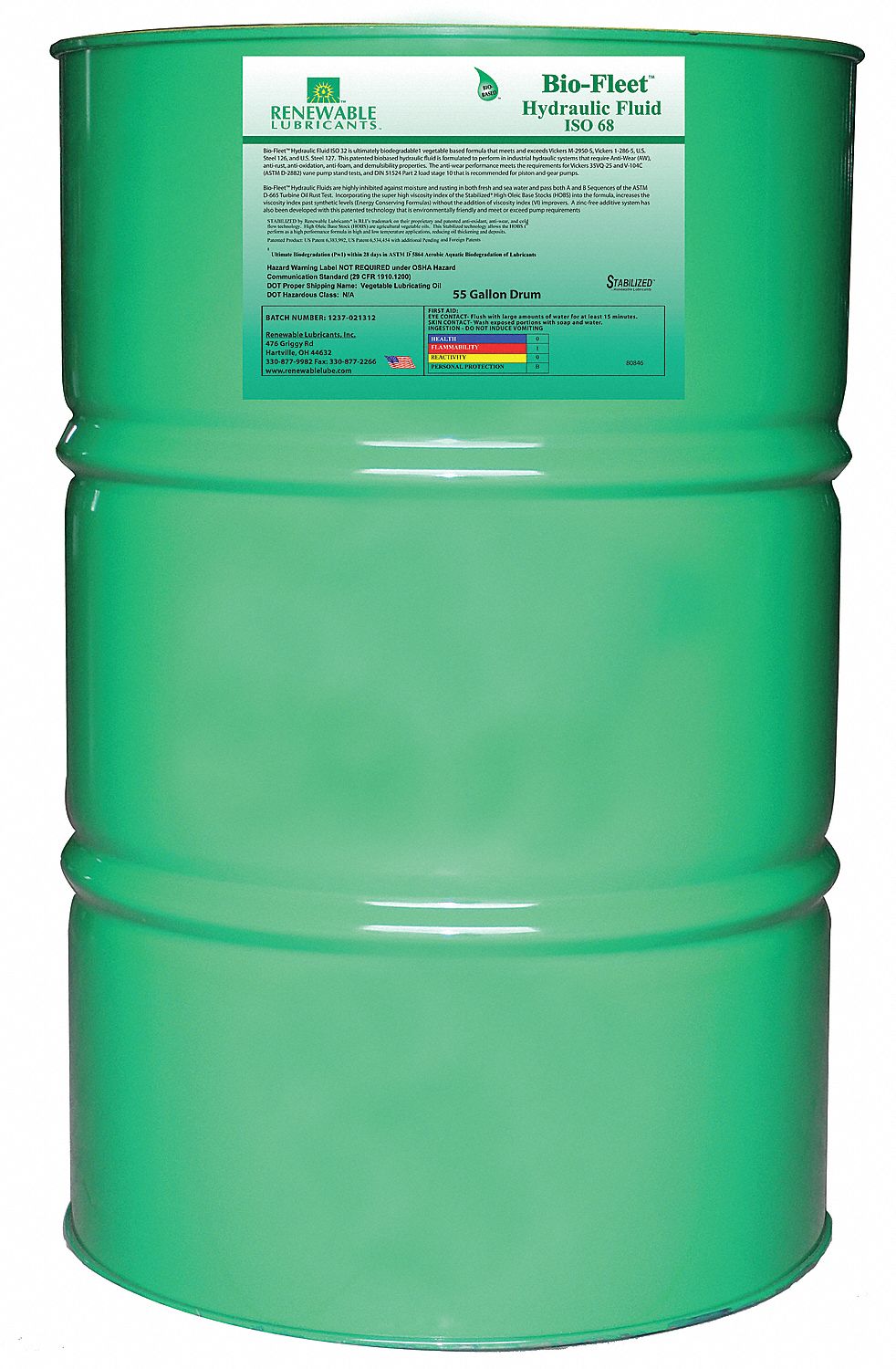 RENEWABLE LUBRICANTS Vegetable Oil Hydraulic Oil, 55 gal Drum, ISO