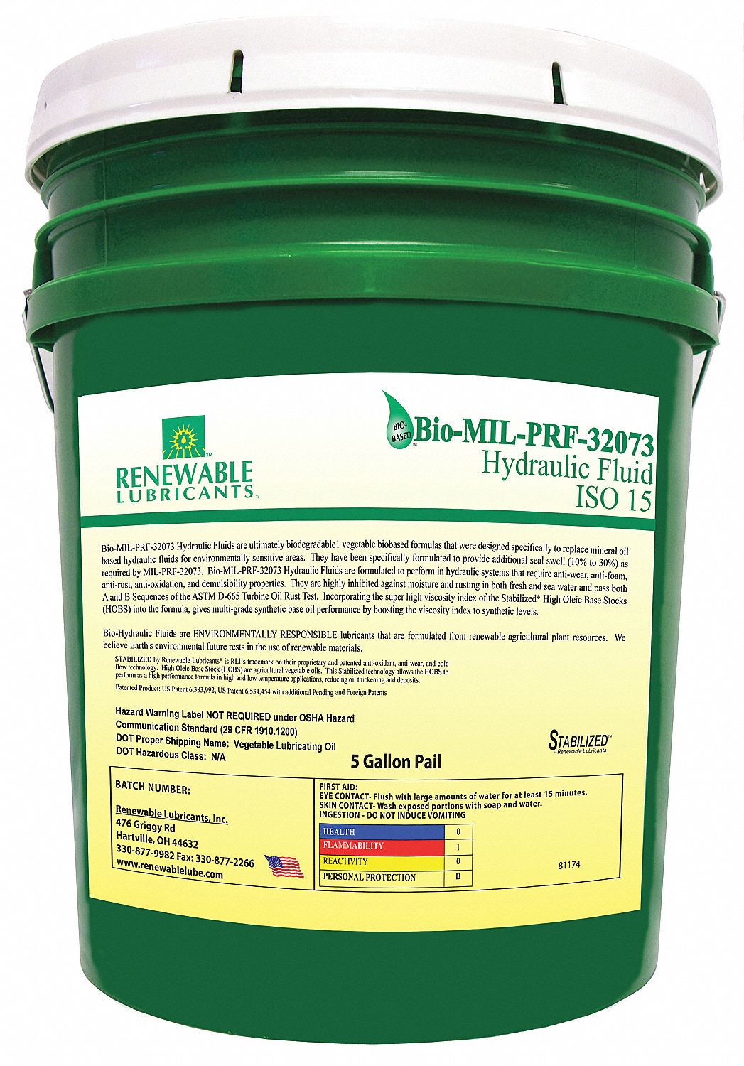 RENEWABLE LUBRICANTS Vegetable Oil Hydraulic Oil, 5 gal Pail, ISO