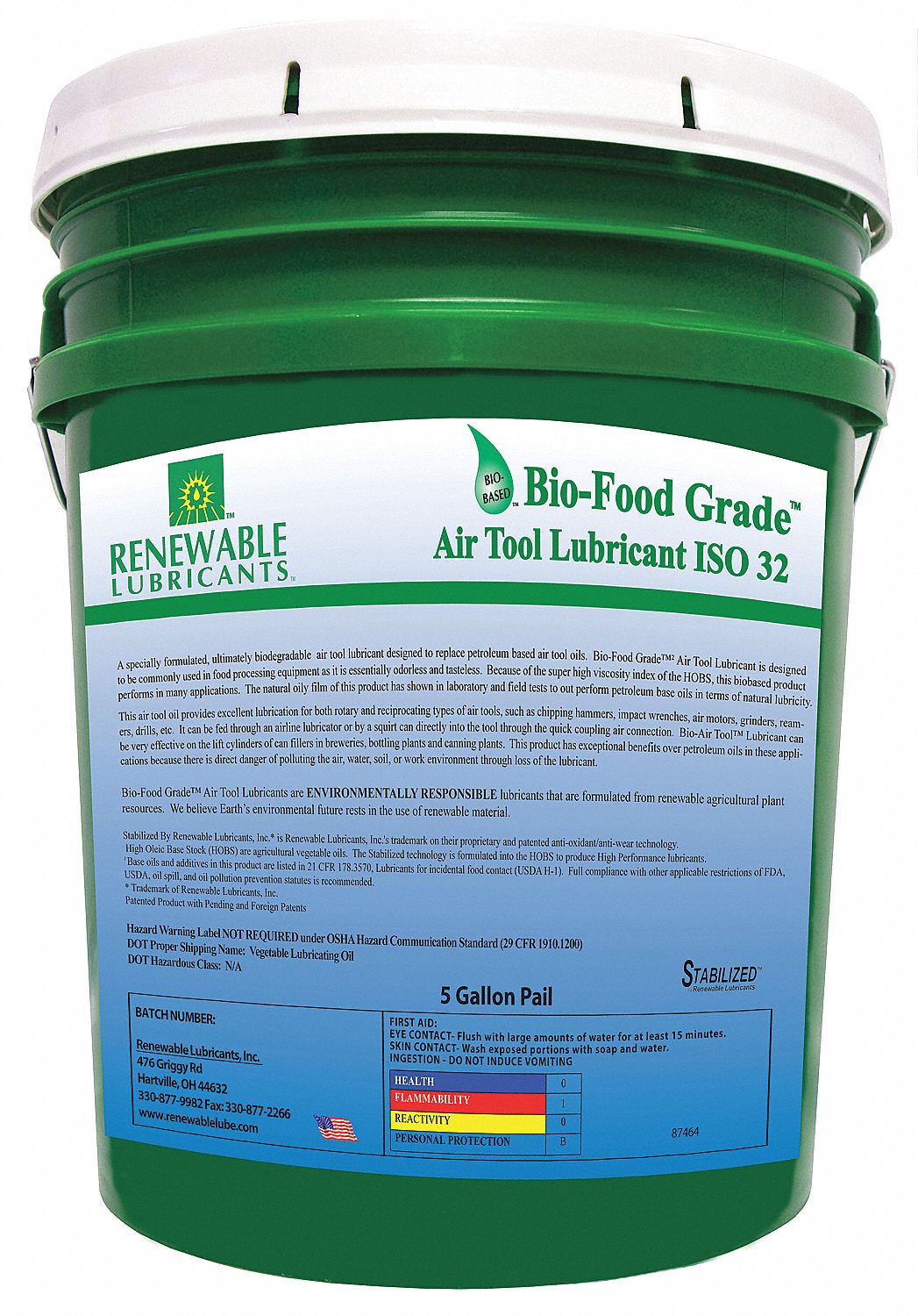 RENEWABLE LUBRICANTS Air Tool Lubricant, Synthetic Base Oil, 5 gal