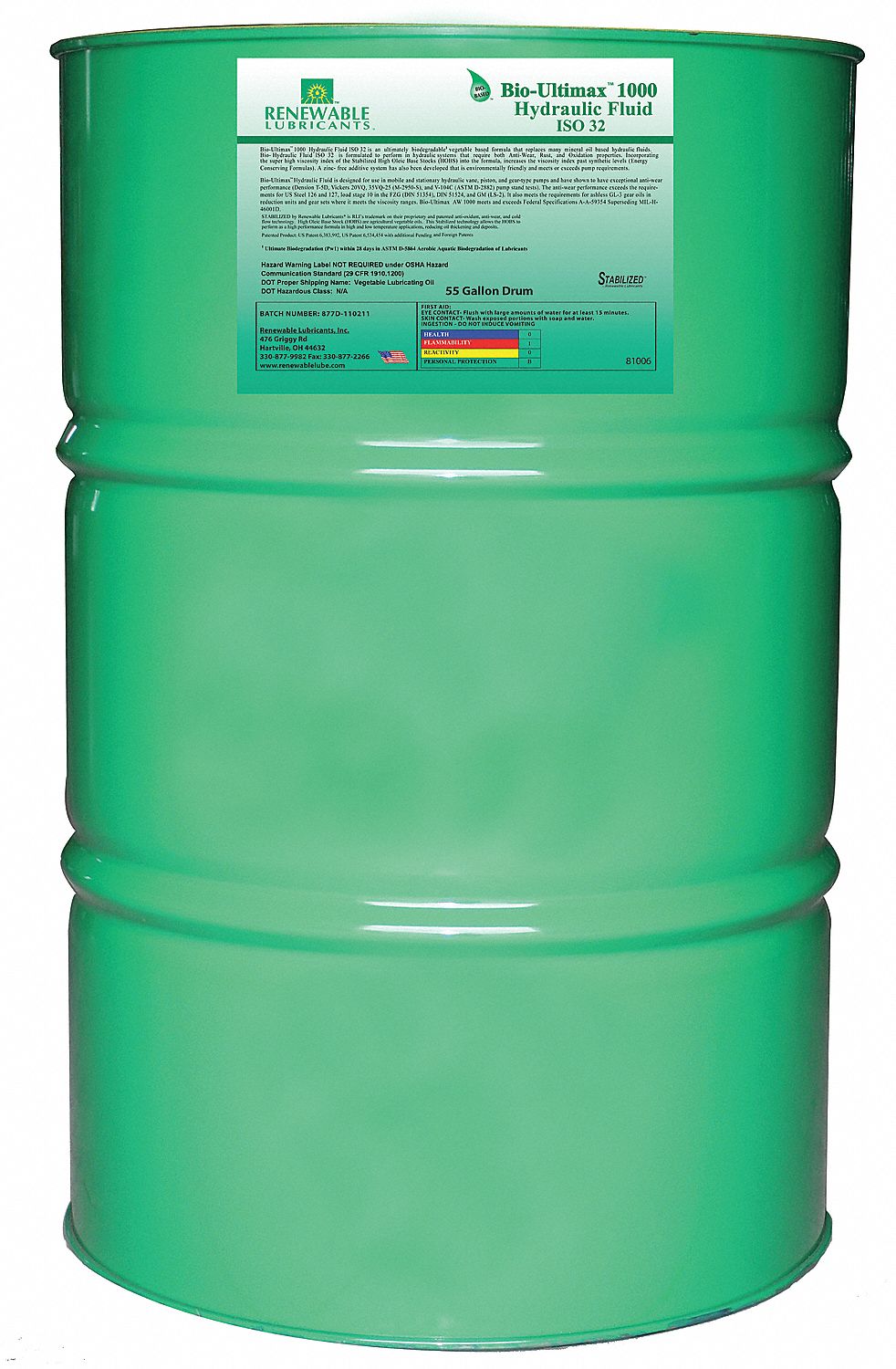 RENEWABLE LUBRICANTS Vegetable Oil Hydraulic Oil, 55 gal Drum, ISO Viscosity Grade 32 21A510