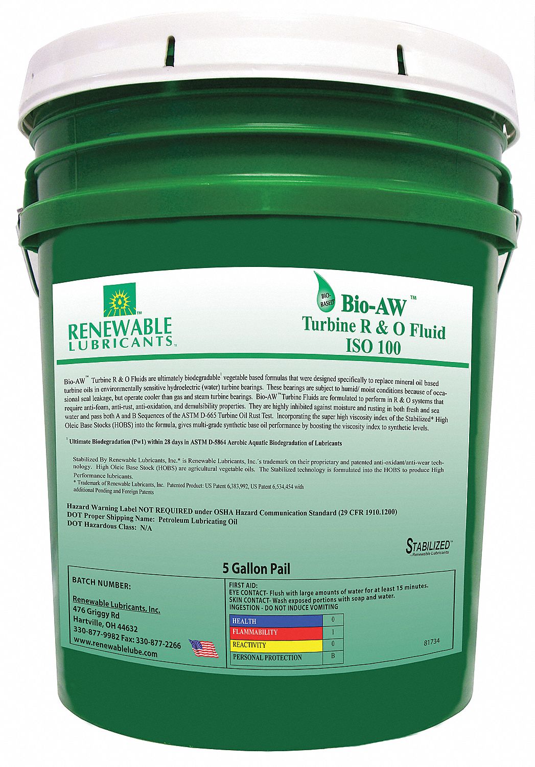 RENEWABLE LUBRICANTS Vegetable Oil R&O Oil, 5 gal Pail, ISO Viscosity