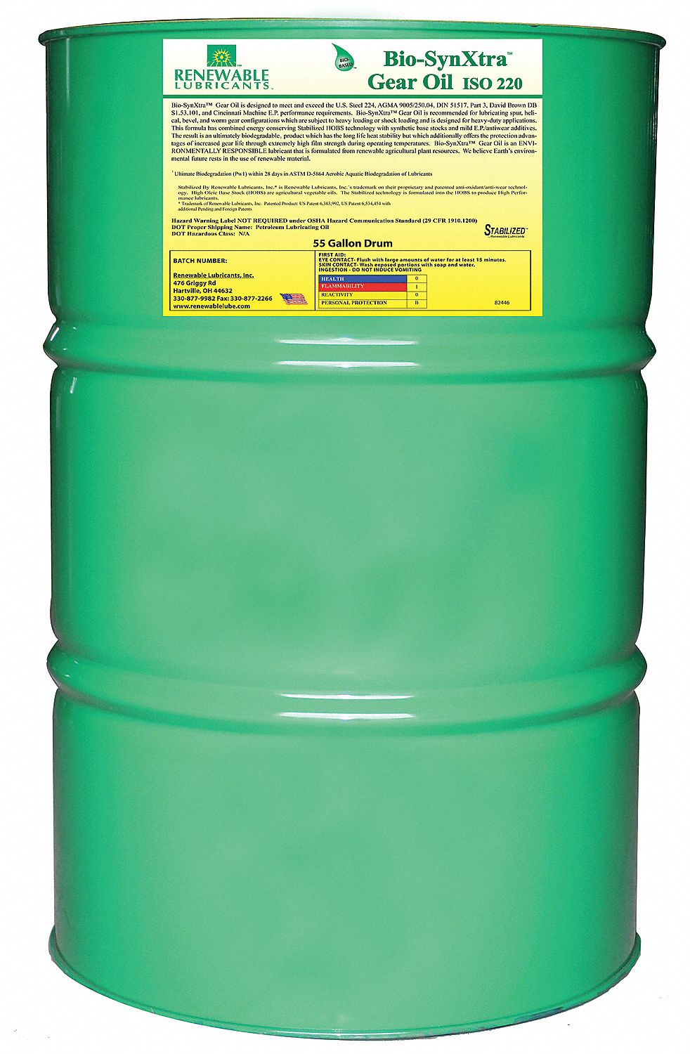 RENEWABLE LUBRICANTS Gear Oil SemiSynthetic, 55 gal, Drum 21A524