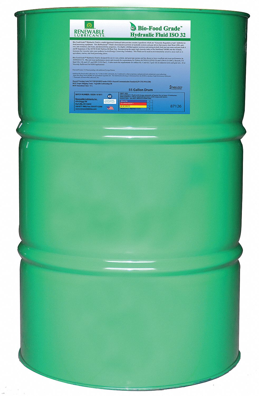 RENEWABLE LUBRICANTS Vegetable Oil Hydraulic Oil, 55 gal Drum, ISO