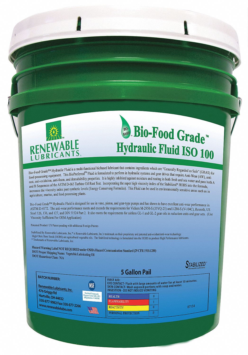 RENEWABLE LUBRICANTS, BioFood Grade, 5 gal, Hydraulic Oil 21A554