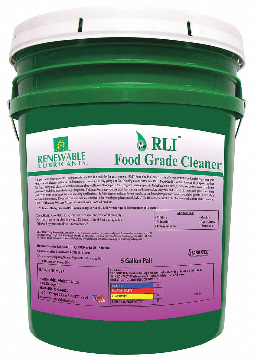 RENEWABLE LUBRICANTS Food Grade Cleaner, Bucket Container Type, 5 gal