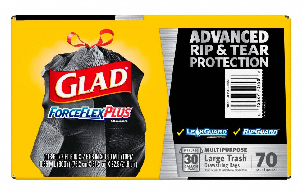 GLAD Trash Bag, 30 gal, LLDPE, Coreless Roll, Black, PK 70 21GP20